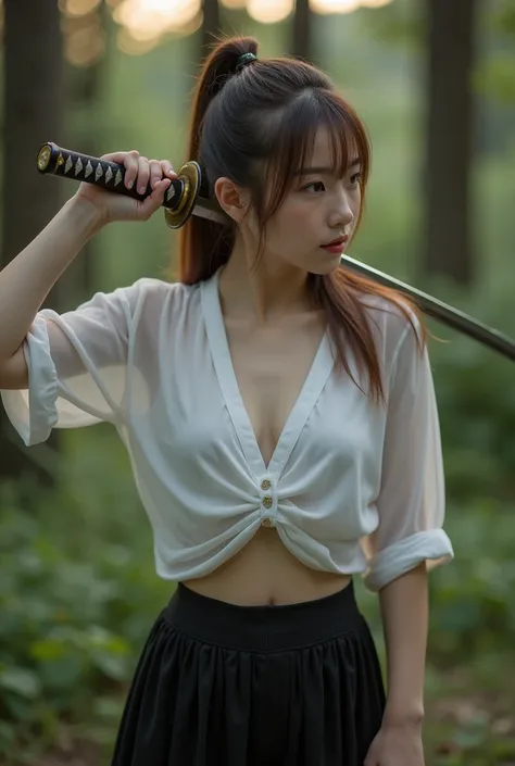 (( top quality)), ((masterpiece)), (  Details),  young Japanese woman ,  Brown Hair, long hair, ponytail, athletic body,  beautiful face, Delicate and innocent , Holding a Japanese sword in his hand on top of his head, Extremely perfect body , (Small bust:...