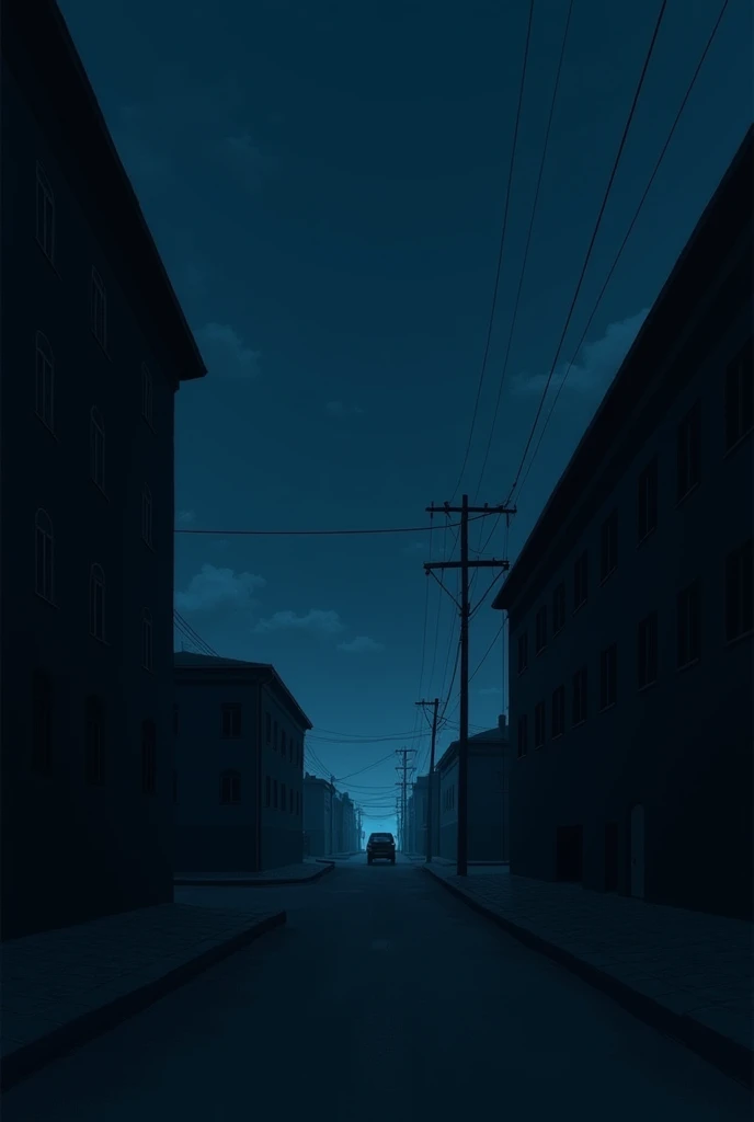 The image depicts a lonely, deserted street at night, rendered in monochrome shades of dark blue and black.  The color palette emphasizes the feeling of isolation.  Buildings line the street, their windows dark and unwelcoming.  A single vehicle is parked ...