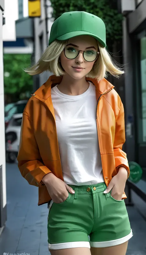 glasses,zzBianca, blonde hair, short hair, green eyes, green hat, glasses, orange jacket, white shirt, green shorts, photos,8k,3d,live-action, top quality