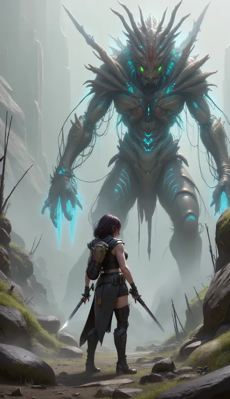 Future soldier with blades fights against monstrous creature on a nowhere planet. The creature is grotesque alien with a pulsating, veiny body covered in bioluminescent patterns, towering over a desolate, foggy wasteland. It has spindly legs, clawed arms, ...