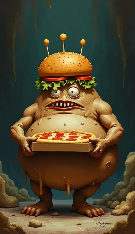 an artistic painting, an illustration, a fat monster, slimy body, brown, burger hat, holding a pizza box, abstract black background