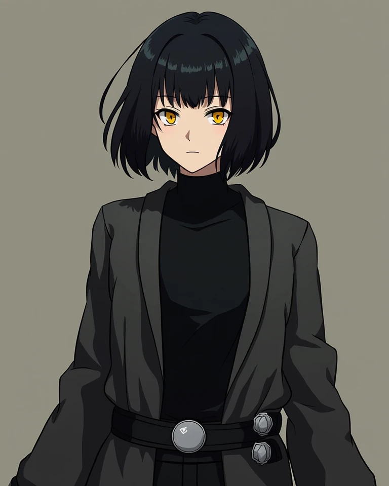 a man with full, voluminous, short layered black hair and yellow eyes. He has a slim figure, tall and muscular. She wears a black turtleneck blouse and black pants, in addition to dark gray Jedi garments with accessories such as buckles, etc., With feature...