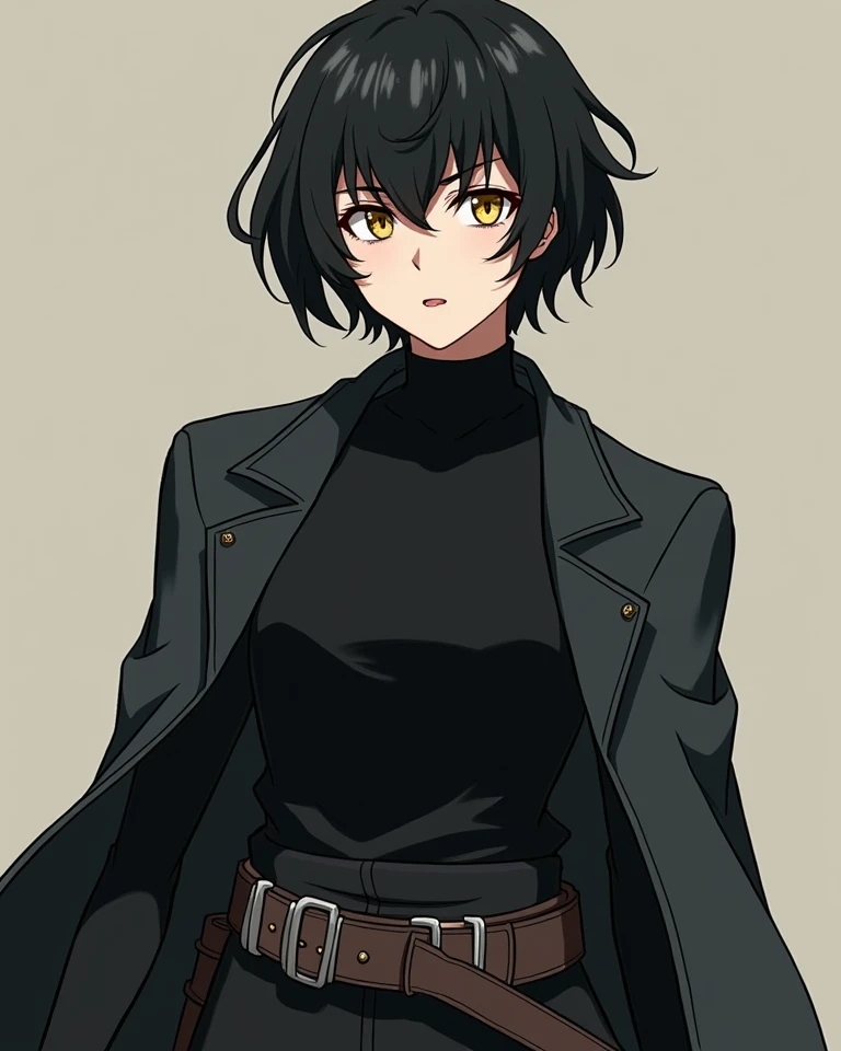 a man with full, voluminous, short layered black hair and yellow eyes. He has a slim figure, tall and muscular. She wears a black turtleneck blouse and black pants, in addition to dark gray Jedi garments with accessories such as buckles, etc., With feature...