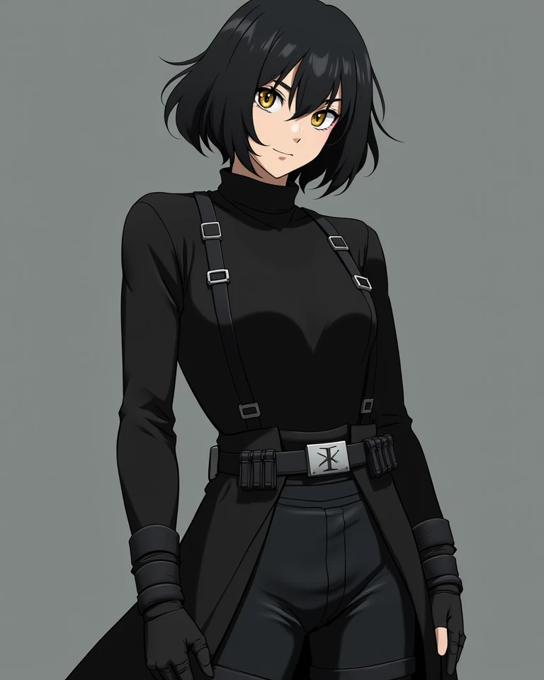 a man with full, voluminous, short layered black hair and yellow eyes. He has a slim figure, tall and muscular. She wears a black turtleneck blouse and black pants, in addition to dark gray Jedi garments with accessories such as buckles, etc., With feature...