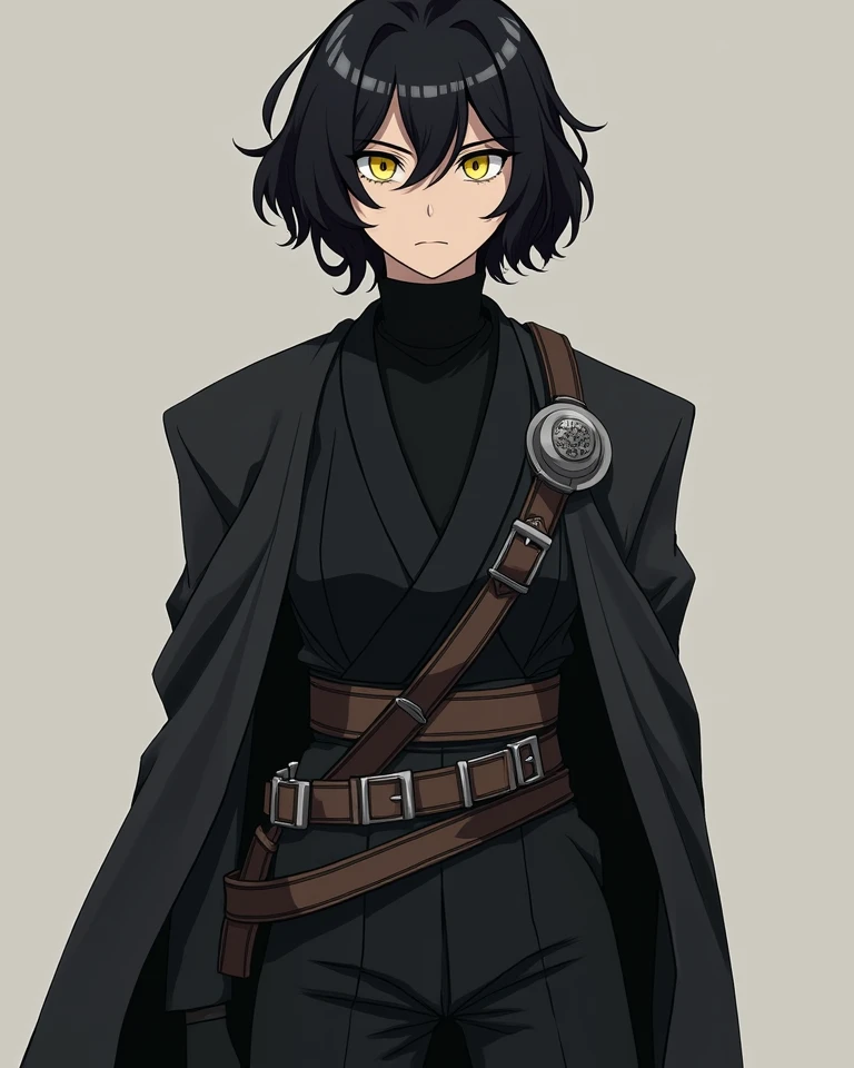 a man with full, voluminous, short layered black hair and yellow eyes. He has a slim figure, tall and muscular. She wears a black turtleneck blouse and black pants, in addition to dark gray Jedi garments with accessories such as buckles, etc., With feature...