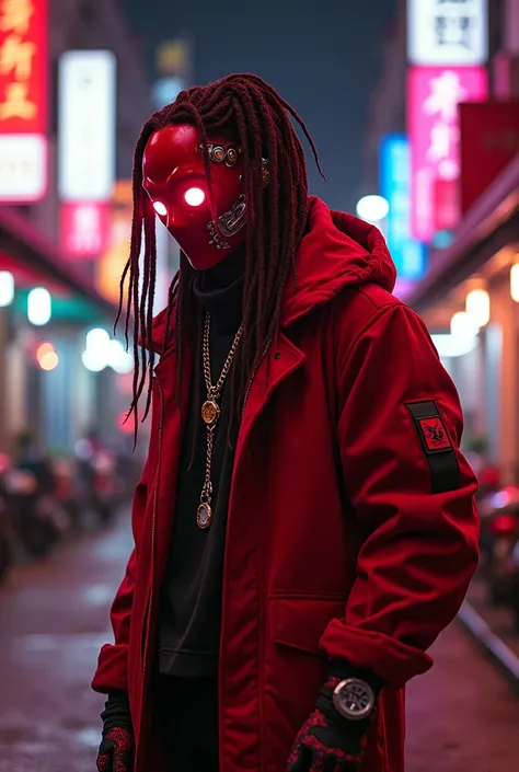 Cyberpunk, red cyborg,  nike shoes, face mask, sunbright eyes, mechanical dreads, rolex, thailand nightlife, coat, joggers, ninja like, calculated, maquiavelian, rich,close up