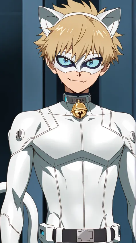 white hero masked men anime, male focus,solo, 1boy,full eye mask, mask,1boy, fair skin,hush_middy,uniform,white body suit,face focus,mysterious grin,fang out, bell, white leather suit, belt tail, blue eyes,blue sclera, white hero mask, white real cat ears,...