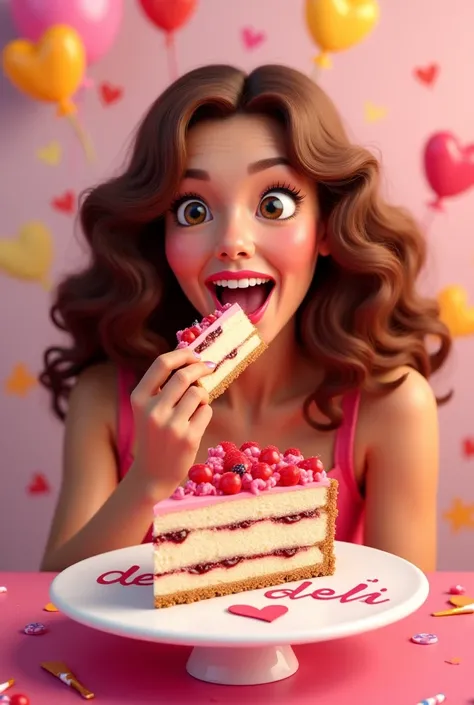  Curly brown woman eating cake ,  on which it says “kcal” in a heart, inscrire un titre pour l’image « Le Déli(t)What” basically with living colors. The general theme is pastry 