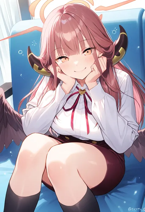 Rikuhachima Aru,orange eyes, pink hair, long hair, bangs, horns, halo,,smile,, best quality ( best quality )、(Nonsense)、( very detailed)、( very beautiful way to hold ) information best quality 、 Ultra-fine、Most HD、 very detailed、masterpiece、 best quality 、...