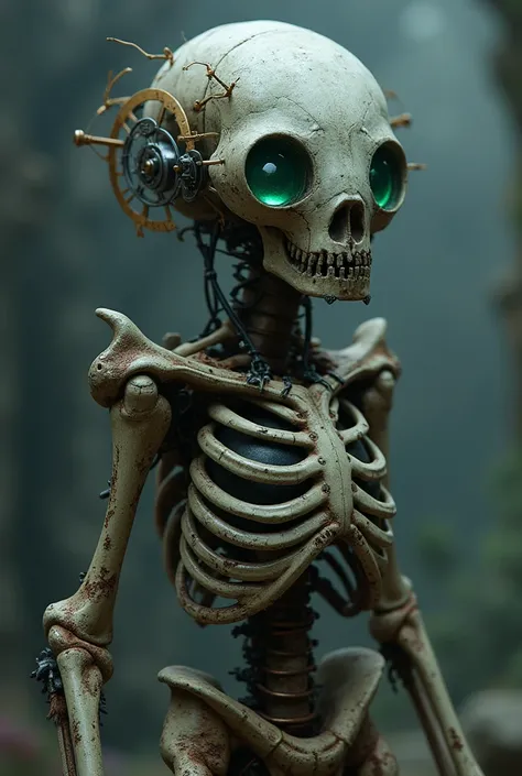 a strange non-living creature , created from parts of skeletons and mechanisms with glowing stones in the eyes