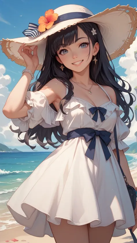 Black-haired anime girl dressed in white with beach hat standing in the stream smiling holding her hat on her head 