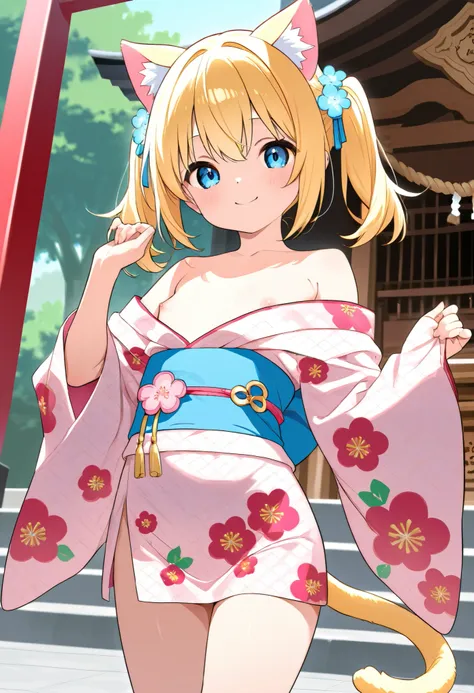   blond、blue eyes、Cat ears、   cat's tail、   Girl   、    small breasts、   Twin Tails、   Girl   、    small breasts、     bright smile、Good physique 、    flat chest 、    Girl   、    he's short、    floral kimono、shrine、first visit of the year to a shrine、   thi...