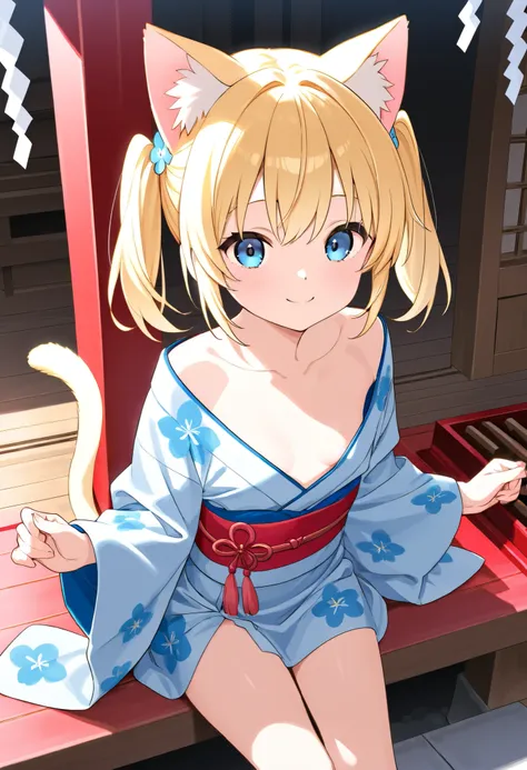   blond、blue eyes、Cat ears、   cat's tail、   Girl   、    small breasts、   Twin Tails、   Girl   、    small breasts、     bright smile、Good physique 、    flat chest 、    Girl   、    he's short、    floral kimono、shrine、first visit of the year to a shrine、   thi...