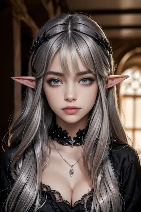 (look at viewer、upper body、from front:1.3)、( Hollow Eyes 、 Black Eye Line 、black eyeshadow、blunt bangs、 straight long hair、 Silver Hair Color :1.7)、(Showcasing cleavage:1.3)、( luxury necklace、black silk high collar dress:1.2)、( elf ears:1.2)、masterpiece、 t...