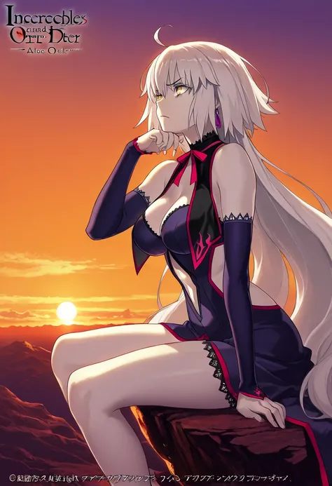  high resolution image ,  masterpiece,  best quality ,  incredible quality,  official art , Alone, 1 girl, Jeanna D'Arc Alter de Fate/Grand Order, Sitting on a flowery cliff looking at the sunset, orange sky, resting face on hand , epic, Sunset light in he...