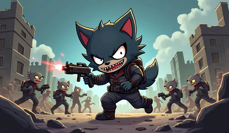 A gamer wolf fighting zombies in the Apocalypse with weapons in his hands shooting chibi style 