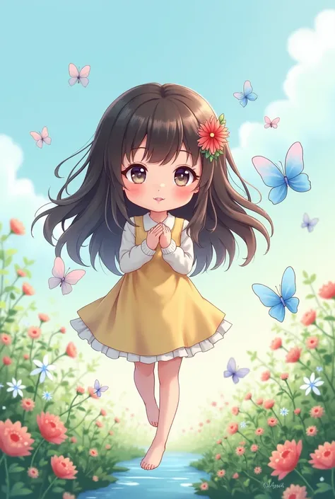 Draw a dark-haired anime character  ,   cheerful baby with loose brown hair and swaying with small flowers and small red hearts in her hair, light background in shades of blue gradient  ,   cute blue butterflies flying around  ,   a garden with a stream th...