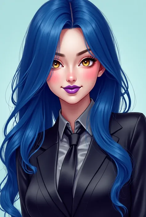 A woman with a very long straight blue hair, hey eyes are golden and her lipgloss is light purple, her clothes are formal and expensive. With some perfect curves and good smirk, she is a tomboy. 