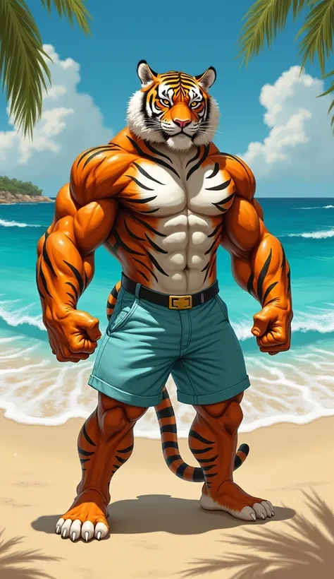  A muscular anthropomorphic tiger stands on a sandy beach.   He clenches his fists ,  demonstrating his strength ,  realistic painting ,  he has a light blue , Hawaiian shorts , 