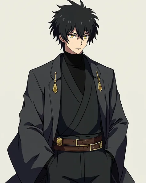  a man with full and voluminous black hair, short layered and yellow eyes. He has a slim figure, tall and muscular. She wears a black turtleneck blouse and black pants, in addition to dark gray Jedi garments with accessories such as buckles, etc., With fea...