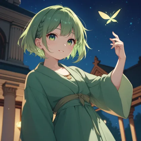  anime style、 cute、night sky, night, Greek temple、score_9, score_8_up , score_7_up , score_6_up , score_5_up , score_4_up , 1 fairy、fairy robe, green robe、short hair、green hair, green eyes