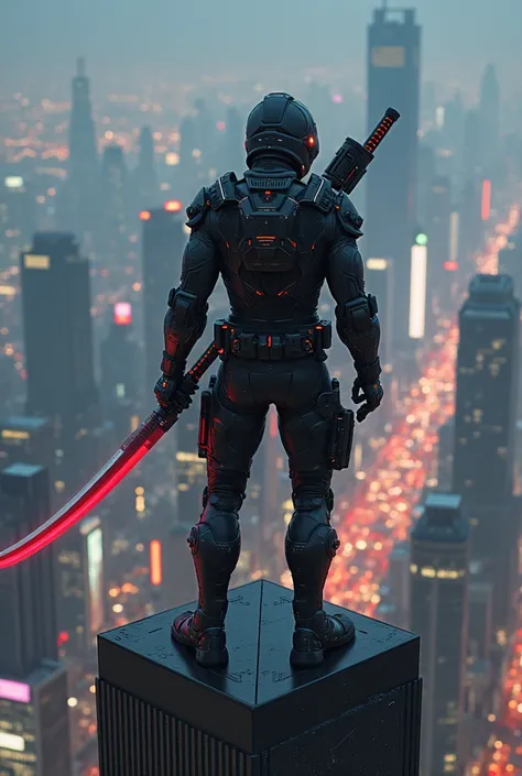 Cyber punk super soldier with thermal katana on a building watching the view of the city more realistic