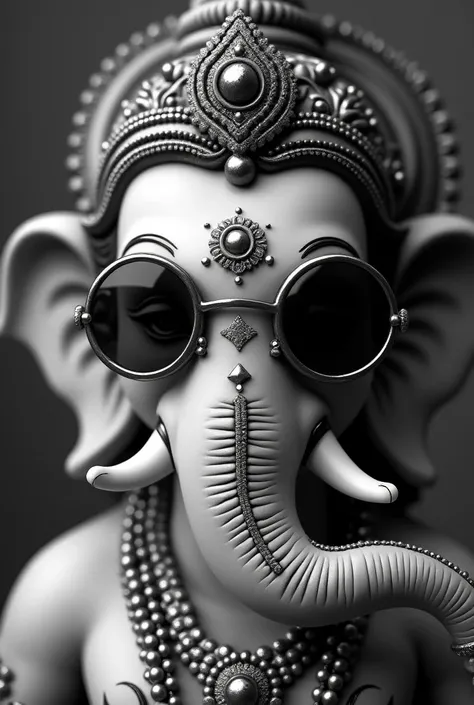 La tête du dieu Ganesh au 20eme siècle 
Il porte des lunettes de soleil noirs et rondes qui cachent ces yeux  qui lui donnent un air très cool. 
Il a des boucles d'oreilles et des peircing tout autour de ces oreilles. 
L'une de ces oreilles est trouée 
Son...