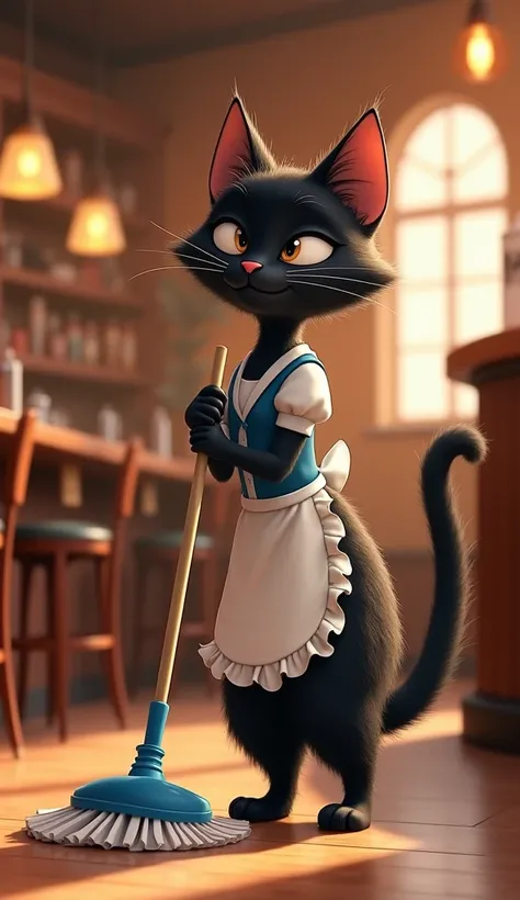  an anthropomorphic female cat with a black coat, with a sculptural body, high, dressed in a maid's uniform ,  cleaning the floor of a modern, well-lit bar .  The cat has a focused expression ,  using a blue mop .  The environment is welcoming , with bar s...