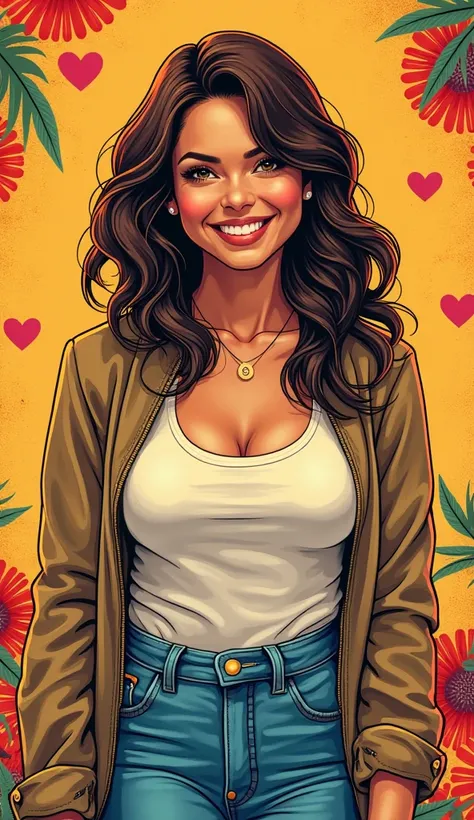 DISCREET image. with discreet casual clothes. image adult woman, american, comic book style. SHE IS HAPPY AND GRATEFUL, with a discreet smile. IMAGES WITH VIBRANT COLORS.