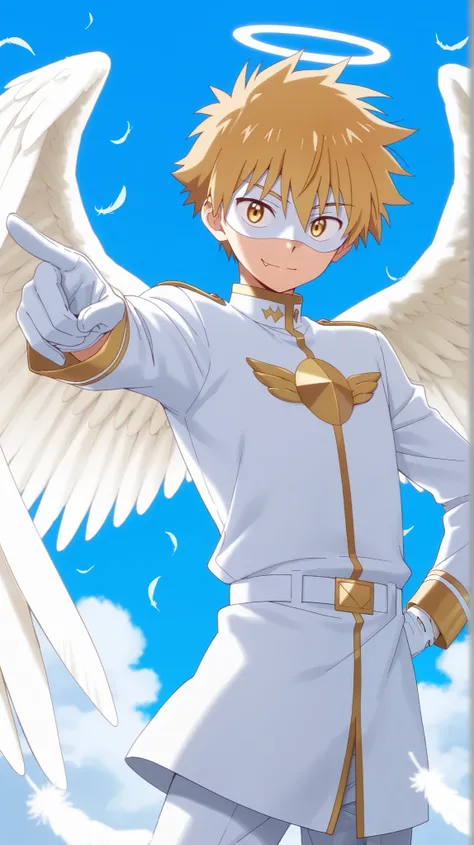 Full pure White hero masked men anime, solo,white angel uniform,white mask,white eye mask,glove,angel,1boy,mysterious grin,fang out,male focus,big white angel wing,angel halo,golden eyes,day sky clouds heaven background,male focus,playful,white feathers ef...