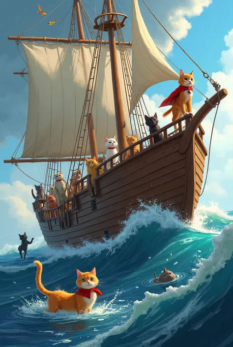 1. Cats on the Ship (Introduction)

A large wooden ship is sailing in the ocean.

The hero cat (wearing a red cape) stands at the front, looking out at the sea.

Other cats are playing, watching fish, or sunbathing on the deck.

The sky is clear, and the w...