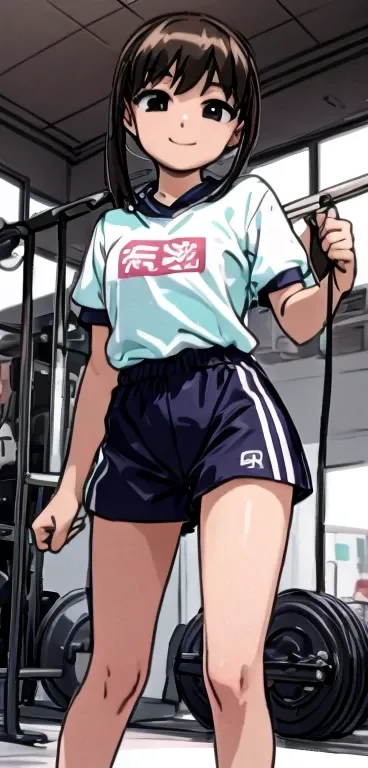 A  is standing in the schoolyard with a smile in knee-length shorts in gym clothes。