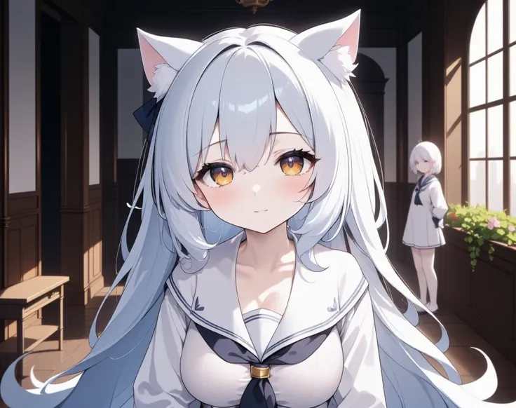 Girl with cat ears in white sailor suit round face　 small tits