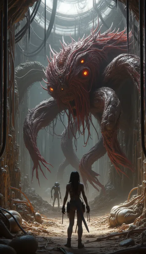 Future woman soldier with blades fights against A horrifying alien resembling a twisted amalgamation of flesh and metal, with tentacles covered in jagged, razor-sharp spines. It stalks through a dimly lit alien corridor, its glowing, hollow eye sockets rad...