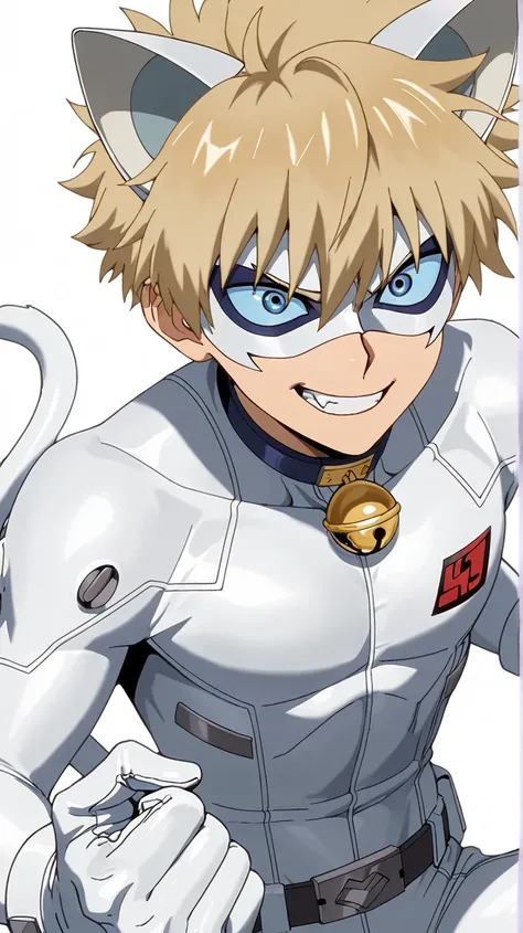 white domino masked men anime,solo, 1boy,full eye mask, mask,1boy, fair skin,hush_middy, glove,uniform,white body suit,face focus,mysterious grin,fang out, bell, white leather suit, belt tail, blue eyes,blue sclera,white hero mask, white cat ears, hush_mid...