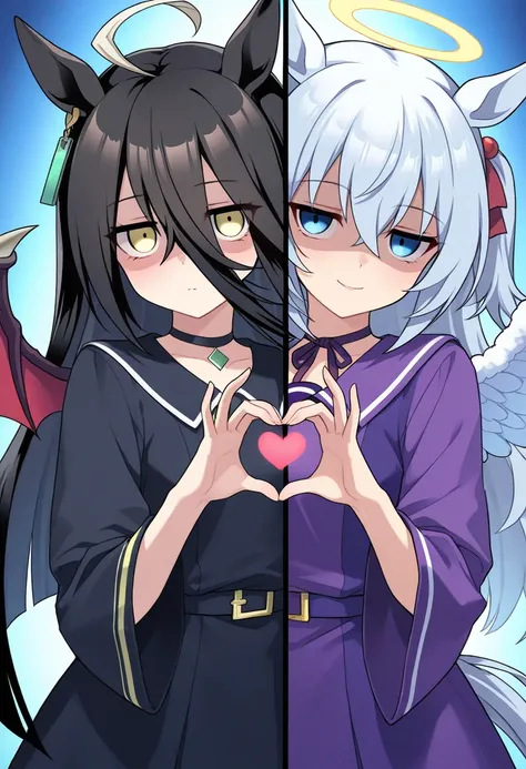 2girls, manhattan cafe \(umamusume\), adapted costume, yu-gi-oh!, duel monster, cosplay \(change of heart\), jitome, [shaded face], seductive smile, (asymmetry character, (left demon wing girl, right angel wing girl)), selfcest, heart hands, split theme, r...