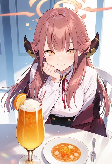 Rikuhachima Aru,orange eyes, pink hair, long hair, bangs, horns, halo,ears,smile,, best quality ( best quality )、(Nonsense)、( very detailed)、( very beautiful way to hold ) information best quality 、 Ultra-fine、Most HD、 very detailed、masterpiece、 best quali...