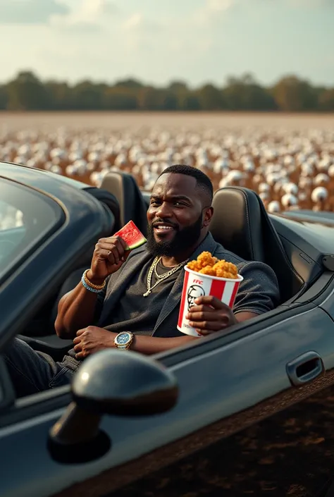 Black guy in his hellcat car eating watermelon and holding a kfc bucket on a cotton field 