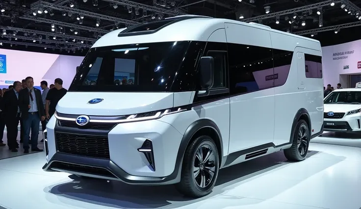  Realistic of futuristic 2025 Subaru Motorhome with modification good looking white  colour front sided angle parked in showroom 100% real images high with resolution logo on car light on car and show name on showroom back ground side