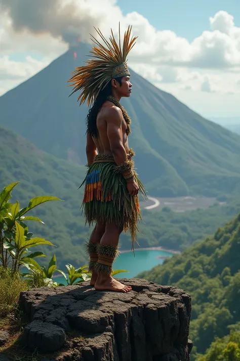 A young Papua new guinea tribal man standing on a mountain looking over a volcano dress with feathers and leaves 