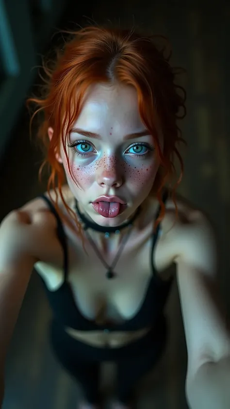  young girl, taking a selfie, from above, eccentric pose, blue eyes, innocent looks towards viewer, pale white skin, slender arms, messed up hair, wet hair, natural redhead, realistic freckles, slim body, c cup breasts, petite body, extremely detailed face...