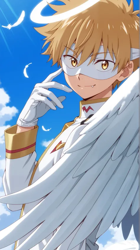 Full pure White hero masked men anime, solo,white angel uniform,white mask,white eye mask,glove,angel,1boy,mysterious grin,fang out,male focus,big white angel wing,angel halo,golden eyes,day sky clouds heaven background,inuzuka shuu, blonde,male focus,play...