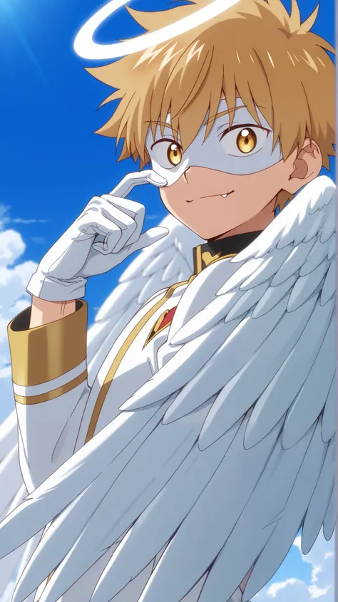 Full pure White hero masked men anime, solo,white angel uniform,white mask,white eye mask,glove,angel,1boy,mysterious grin,fang out,male focus,big white angel wing,angel halo,golden eyes,day sky clouds heaven background,inuzuka shuu, blonde,male focus,play...