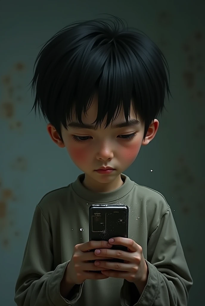 A sad boy with a bad cell phone