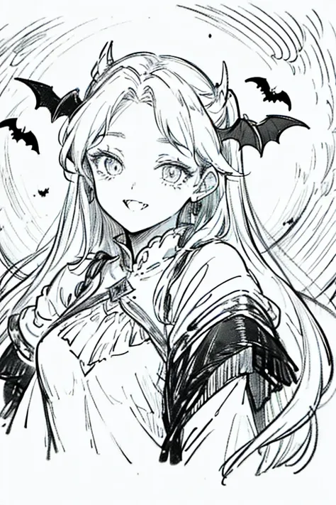 Bumper 1 ,woman, sharp fangs, no background,Precision, high definition,masterpiece, dress , portrait, Bats , cute,Black and White,2D, sexy,middle ages, fantasy, turn around, wink,Shy