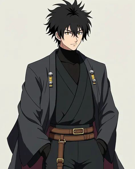  a man with full and voluminous black hair, short layered and yellow eyes. He has a slim figure, tall and muscular. She wears a black turtleneck blouse and black pants, in addition to dark gray Jedi garments with accessories such as buckles, etc., With fea...