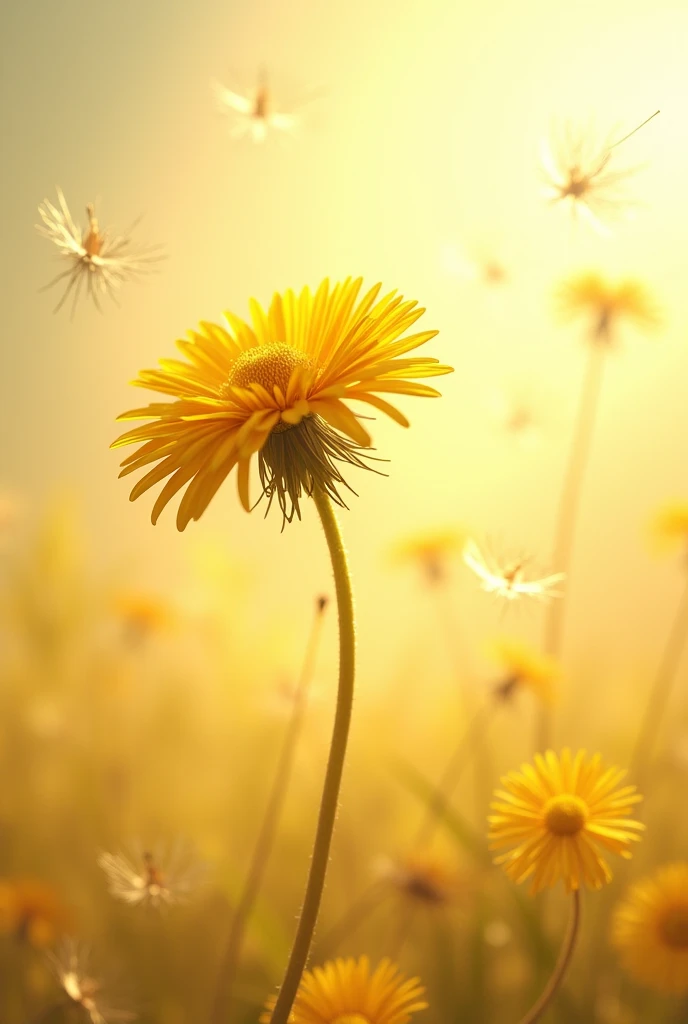 a golden dandelion, rocked by the wind, on a light and bright background