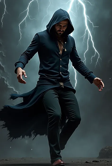 man dancing the face of a hooded caravel raising his arms dancing in a dark place with lightning and lightning behind him.