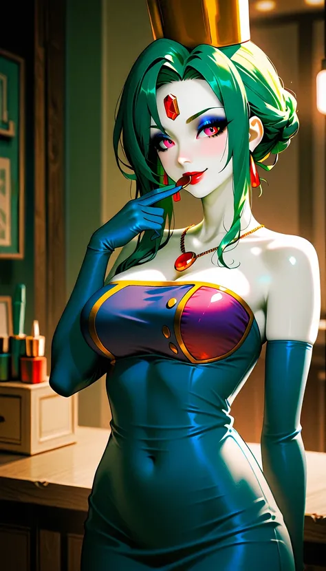  score_9, score_8_ up, score_7_ up, masterpiece,  high resolution,  glittering clothes ,  1 girl, Heavy makeup, ,  green hair, white skin , Red gem on forehead, , Red lipstick,  eyeshadow, long eyelashes,  while tasting,  Blue Bodycon Dress  ,  blue latex ...