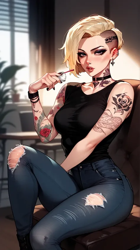 A beautiful female tattoo artist with blonde short undercut hair, earrings on her ears, earrings on her nose, inside the a tattoo studio, sitting on a chair, wearing a black shirt and ripped jeans, tattoos arms and neck, looking straight at me with curiosi...